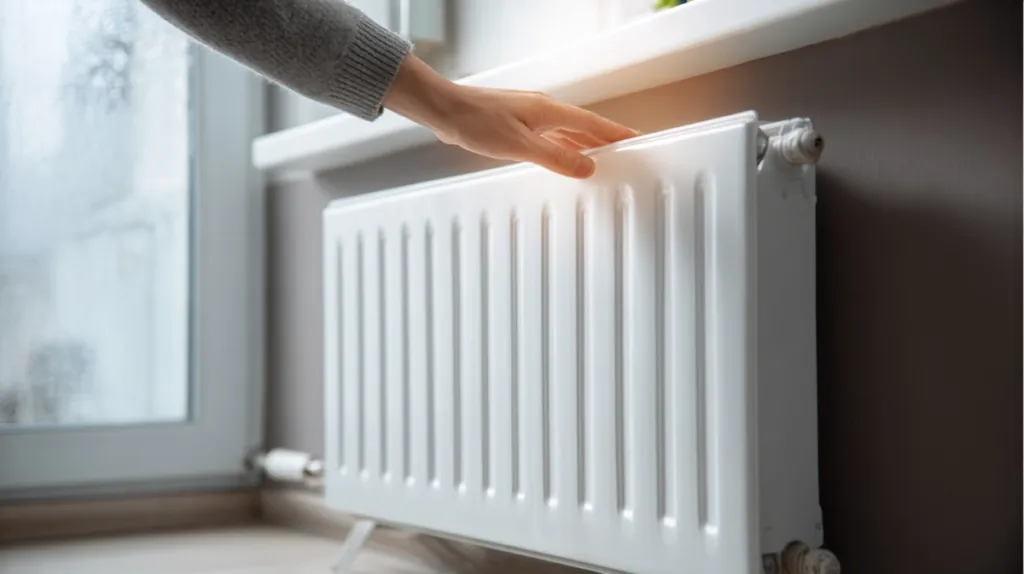 Radiador de calefacción encendido en un salón durante el invierno