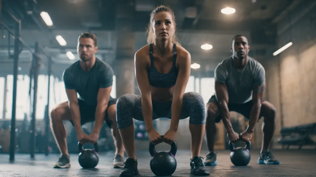 Grupo reducido de tres personas entrenando con un entrenador personal en un gimnasio