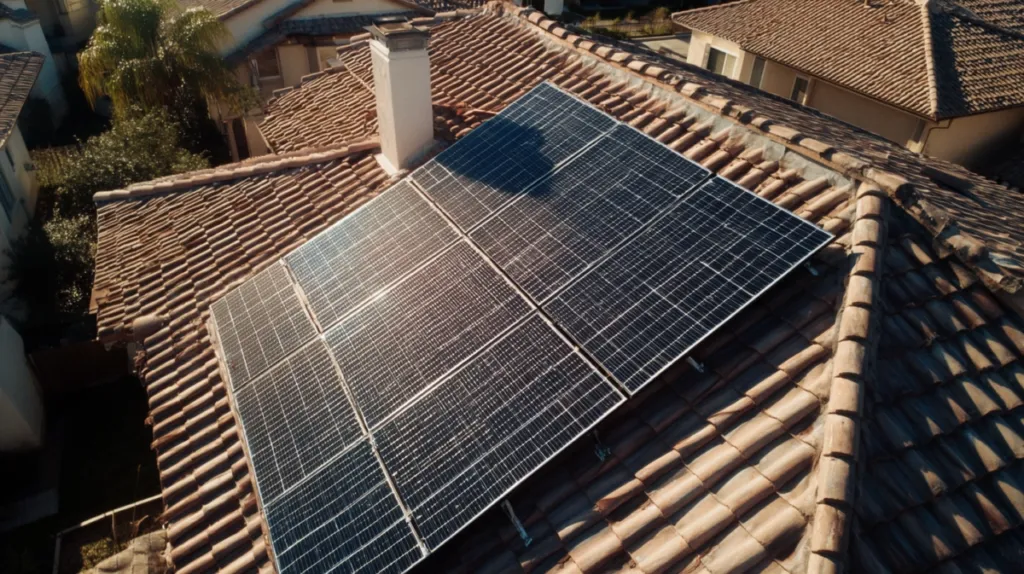 Sombra de una chimenea proyectada sobre paneles solares en un tejado residencial