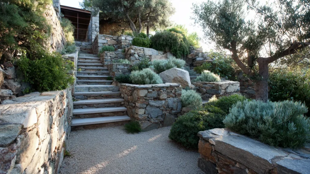 Jardín en pendiente con terrazas escalonadas y muros de contención de piedra