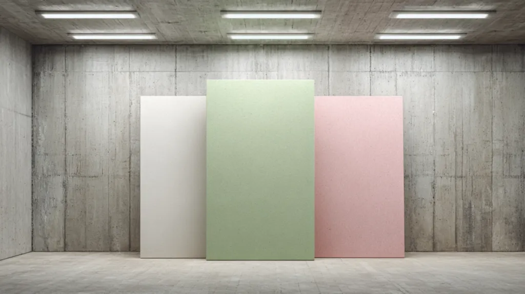 Placas de pladur de distintos tipos apoyadas contra una pared: estándar blanca, hidrófuga verde e ignífuga rosa