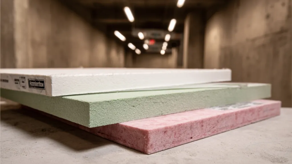 Diferentes tipos de placas de pladur apiladas: estándar, hidrófuga verde e ignífuga rosa