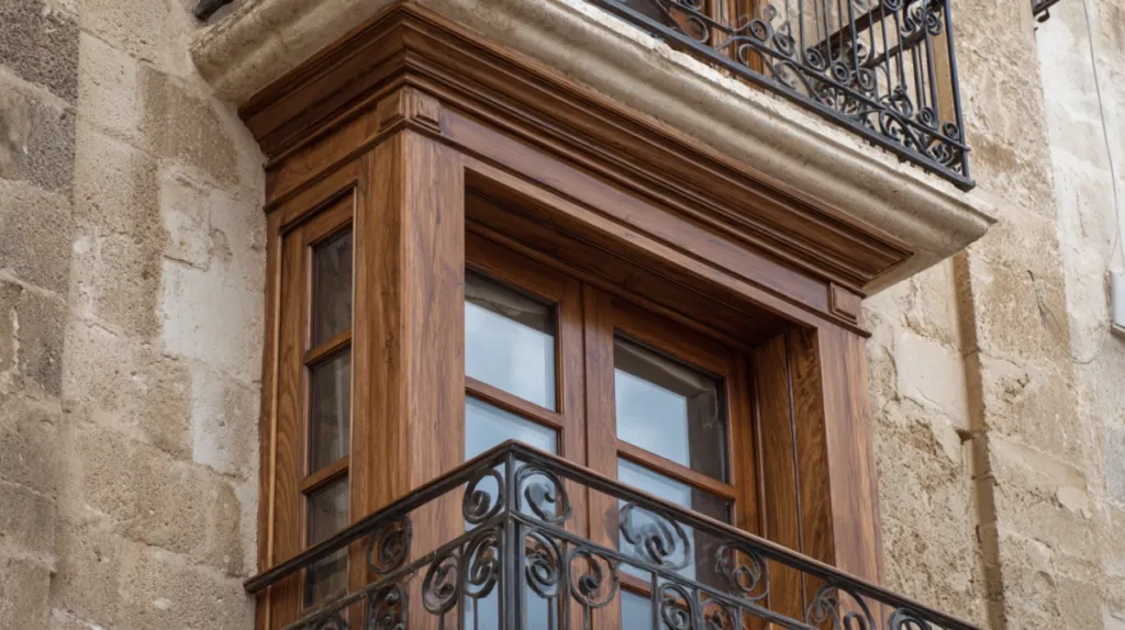 Ventana de madera barnizada en fachada de edificio con protección patrimonial