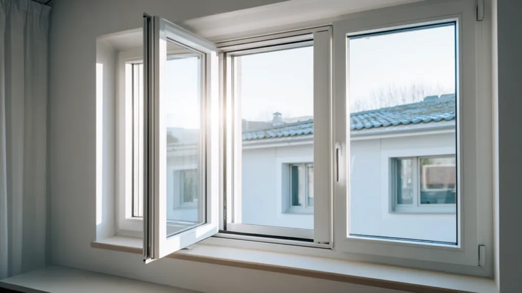 Ventana oscilobatiente parcialmente abierta en posición de ventilación