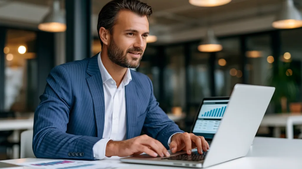 Agente revisando datos de mercado inmobiliario en ordenador