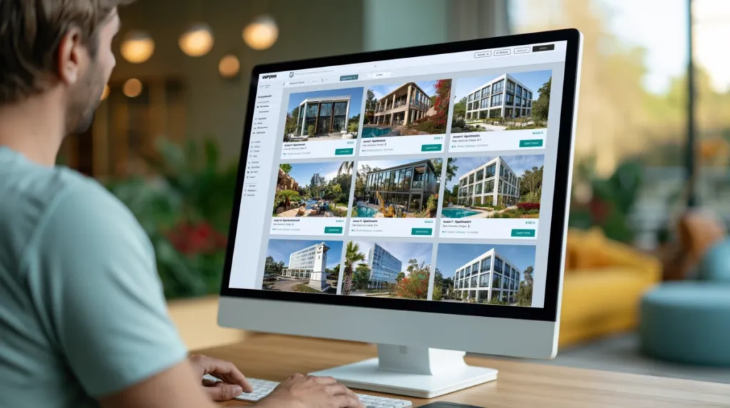 Pantalla mostrando anuncios inmobiliarios en portal de vivienda