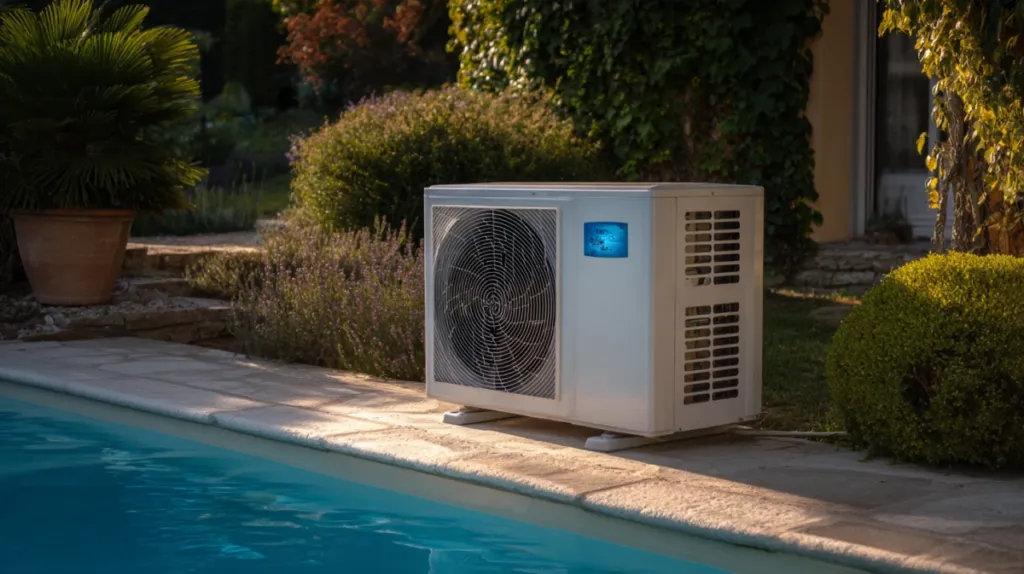 Bomba de calor instalada junto a una piscina privada