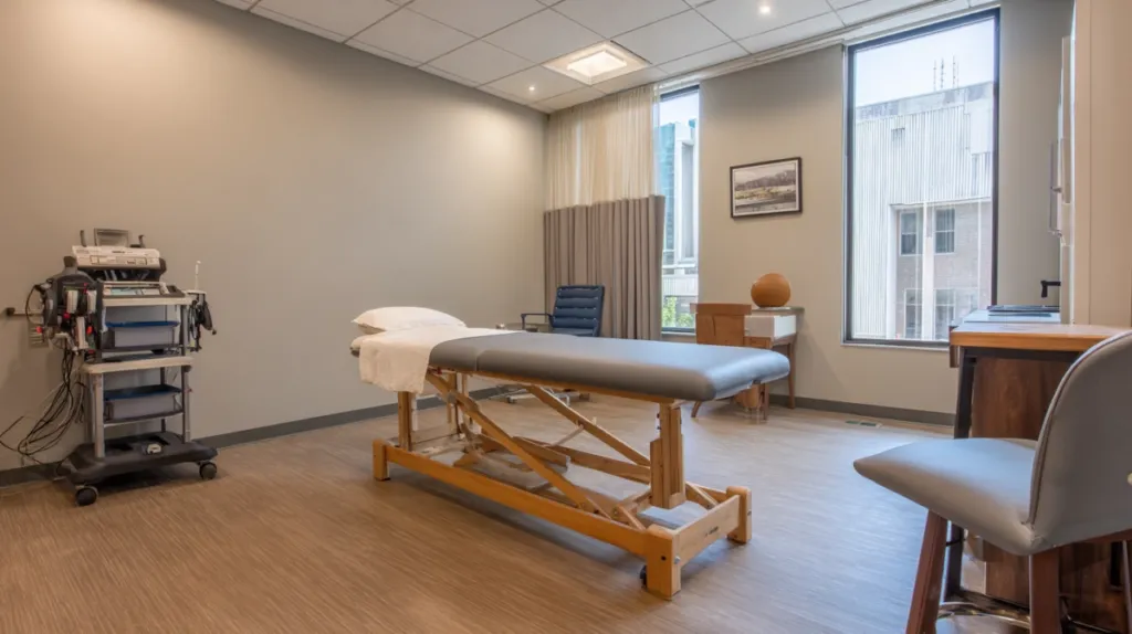 Sala de fisioterapia con camilla y equipo terapéutico