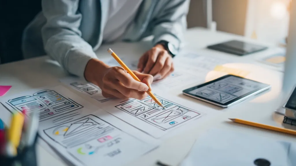 Diseñador web trabajando en prototipos de interfaz sobre una mesa de trabajo