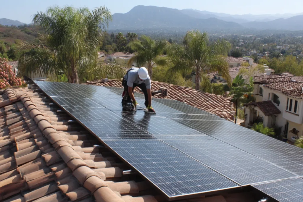 Placas solares instaladas en el tejado de una vivienda residencial
