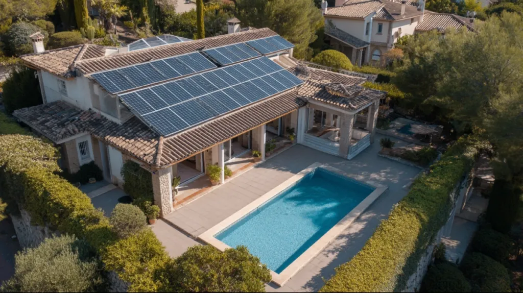Chalet con piscina y paneles solares en el tejado visto desde el jardín