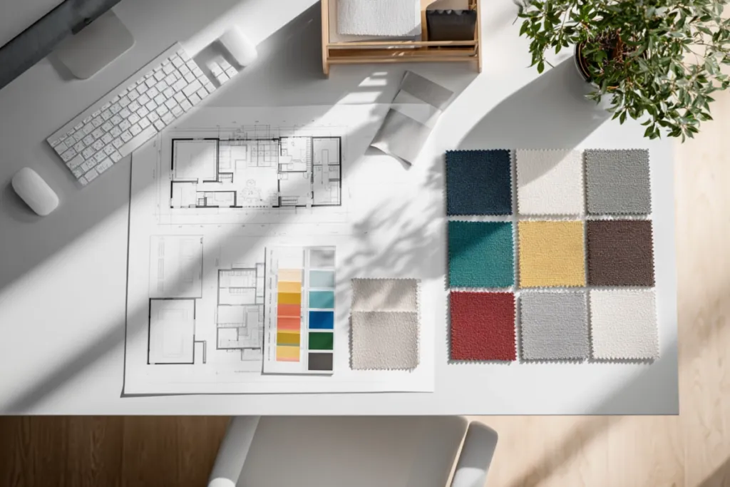 Planos técnicos de distribución junto a muestras de tela y paleta de colores sobre una mesa de trabajo