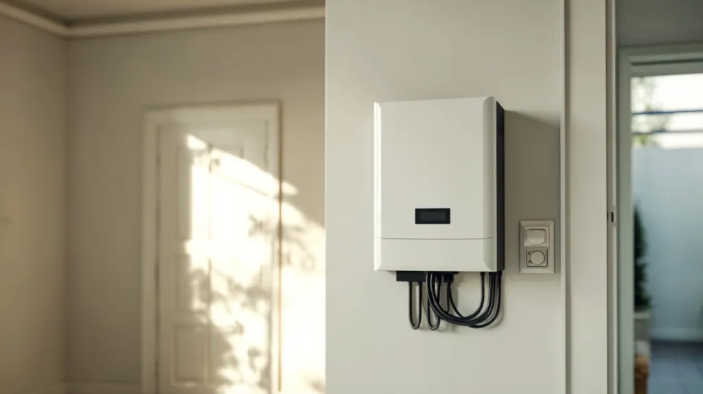 Inversor solar montado en la pared junto al cuadro eléctrico de una vivienda