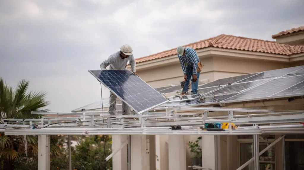 Operarios fijando raíles de aluminio y colocando paneles solares sobre una cubierta residencial