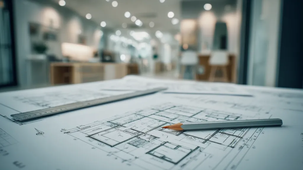 Planos técnicos de distribución e instalaciones impresos sobre una mesa de estudio