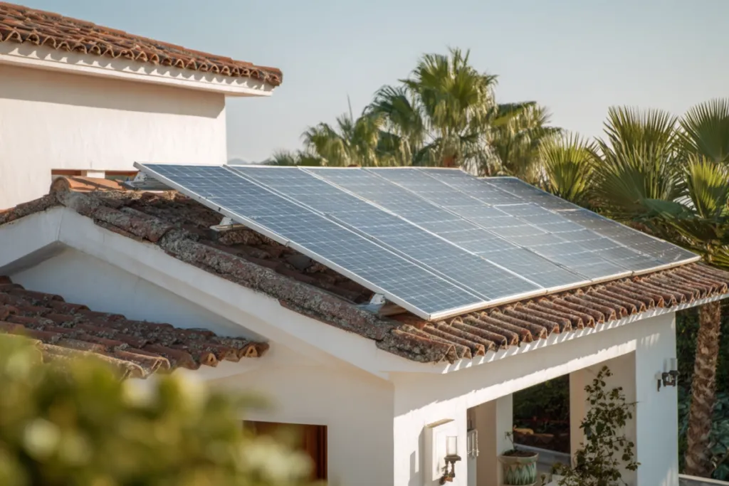 Paneles solares instalados en el tejado de una vivienda unifamiliar en España