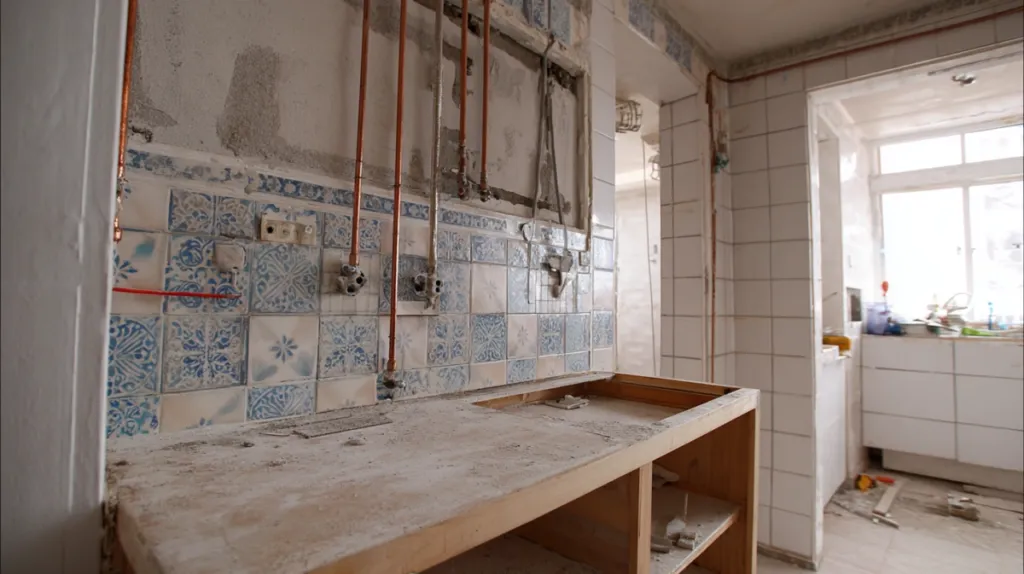 Cocina en proceso de reforma con tuberías de agua visibles y paredes sin acabar