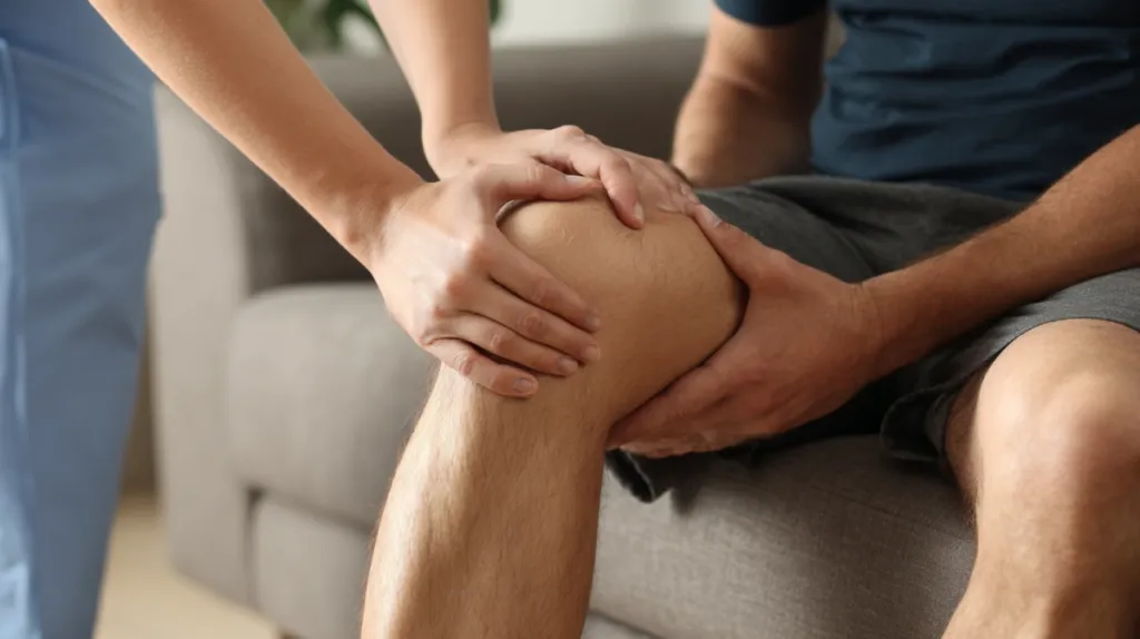 Paciente realizando ejercicio de rehabilitación de rodilla con ayuda del fisioterapeuta