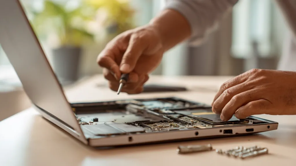 Técnico desmontando un portátil para reparar hardware en casa del cliente