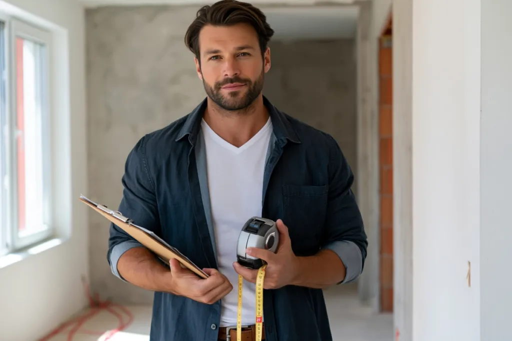 Tasador inspeccionando vivienda con planos y documentación