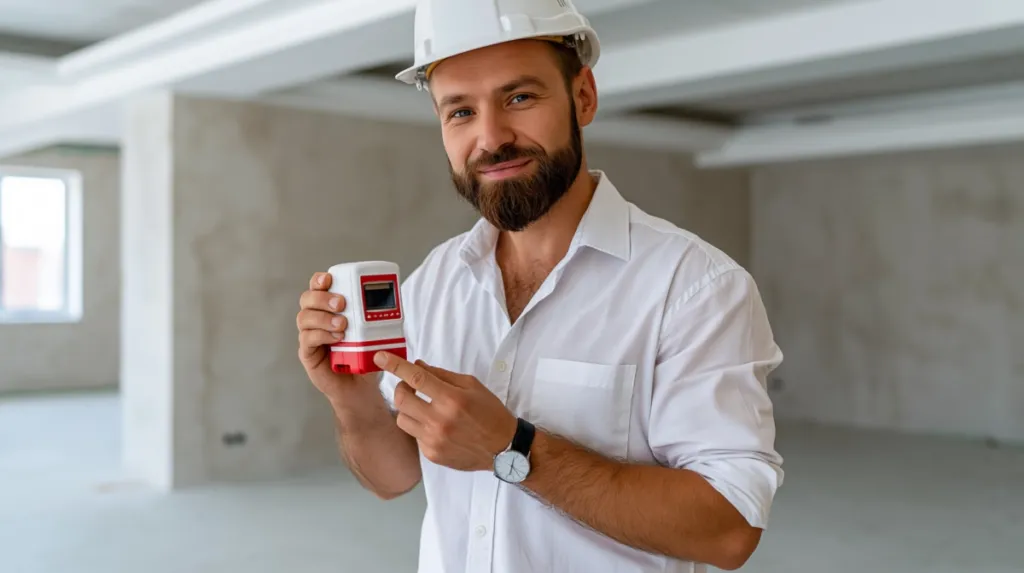 Tasador midiendo superficie de vivienda con herramientas profesionales