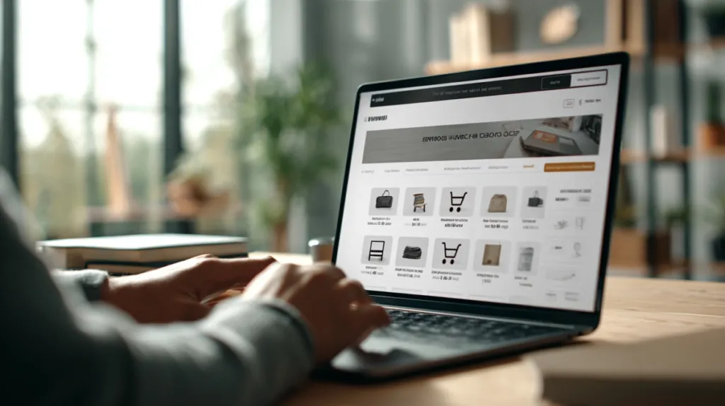 Pantalla de portátil con una tienda online mostrando fichas de producto